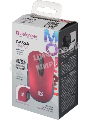 Мышь беспроводная Defender Gassa MM-105 красный, 1600 dpi, радиоканал, USB, кнопки - 6