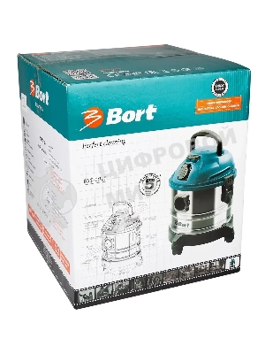 Строительный пылесос Bort BSS-1015 голубой/серебристый, 285/1250 Вт, уборка сухая/влажная, пылесборник контейнер, 15 л