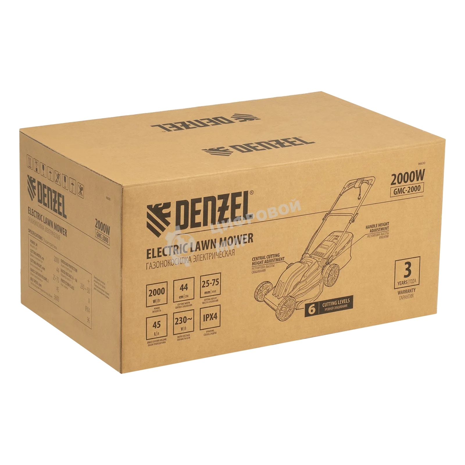 Газонокосилка электрическая Denzel GMC-2000, шир. 44см, 2000 Вт, 6 уров., травосб. 45 л