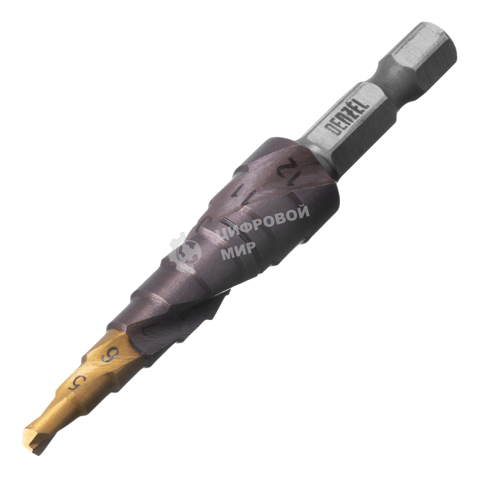 Сверло ступенчатое Denzel 4-5-6-7-8-9-10-11-12 мм, Р6М5К5, 6-гр. хвостовик 723612