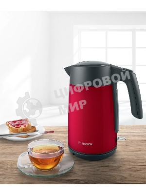 Чайник электрический Bosch TWK7L464 1.7 л, 2400 Вт., нерж.сталь, покрытая эмалью, красный, шкала уровня воды