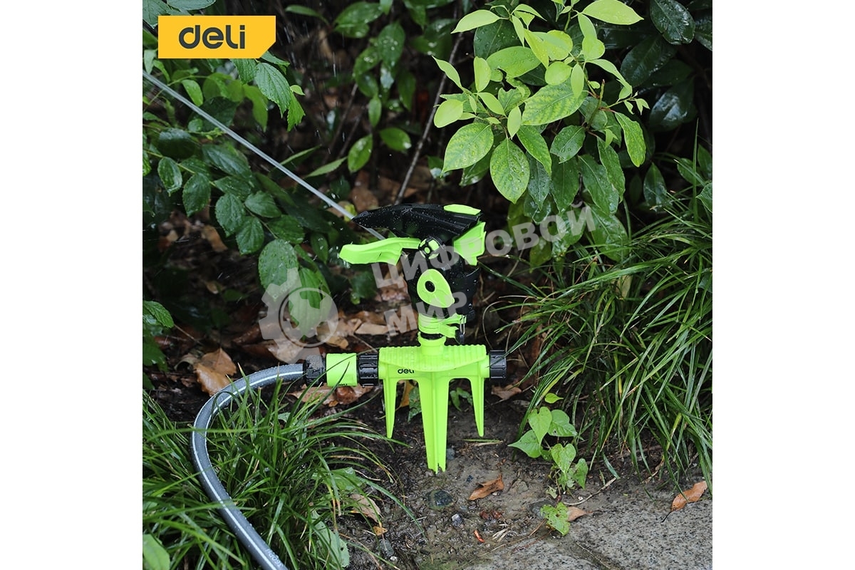 Дождеватель-разбрызгиватель импульсный на 3-х пиках Deli DL581302 площадь орошения до 490кв.м, сектор полива 0-360 град, диаметр шланга 3/4