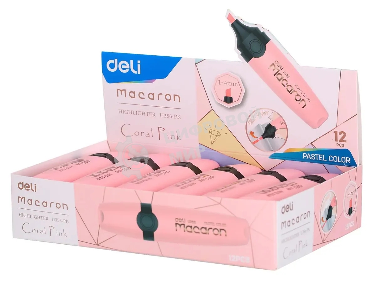 Текстовыделитель Deli EU356-PK Macaron, скошенный пишущий наконечник, 1-5мм, розовый пастельный