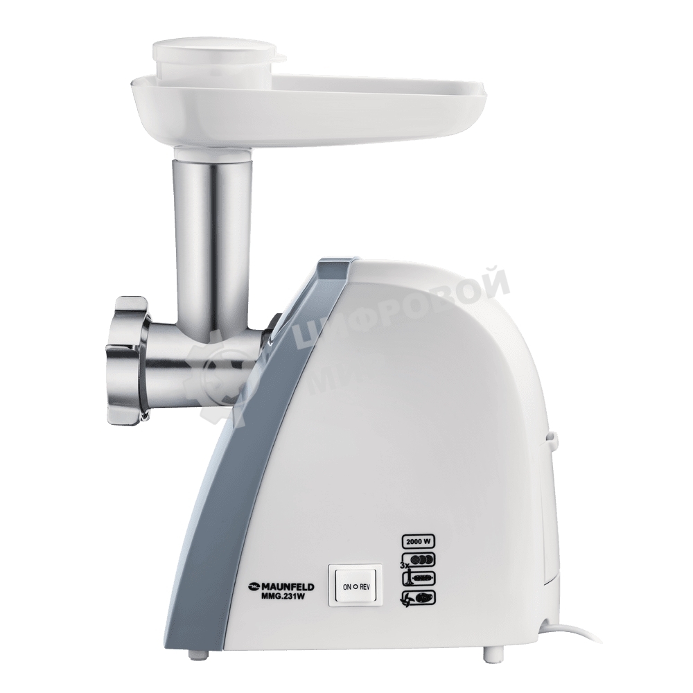 Мясорубка электрическая Maunfeld MMG.231W белый, 2000 Вт, 1.5 кг/мин, реверс, защита от перегрузки, насадки - 5
