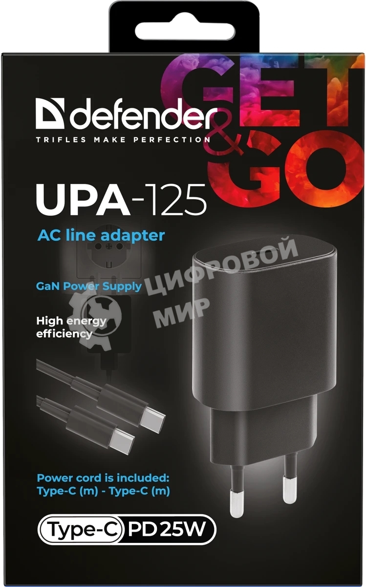 Сетевое зарядное устройство Defender UPA-125 25W,USB C,кабель Type-C,черный