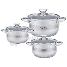 Набор посуды Zeidan Z-50632 6 предм.: кастрюля с/кр 2,0 л (16 см), кастрюля с/кр 3,0 л (18 см), кастрюля с/кр 4,0 л (20 см), нержавеющая сталь, комбинированная полировка снаружи, зеркальная полировка внутри, шкала литража, крышки - стекло, 5-ти СТЕПОВОЕ КАПСУЛИРОВАННОЕ