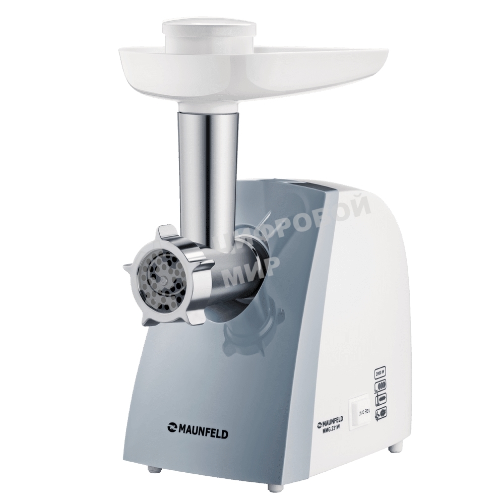 Мясорубка электрическая Maunfeld MMG.231W белый, 2000 Вт, 1.5 кг/мин, реверс, защита от перегрузки, насадки - 5