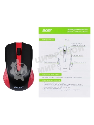 Мышь проводная Acer OMW012 черный/красный, 1200 dpi, USB, кнопки - 3