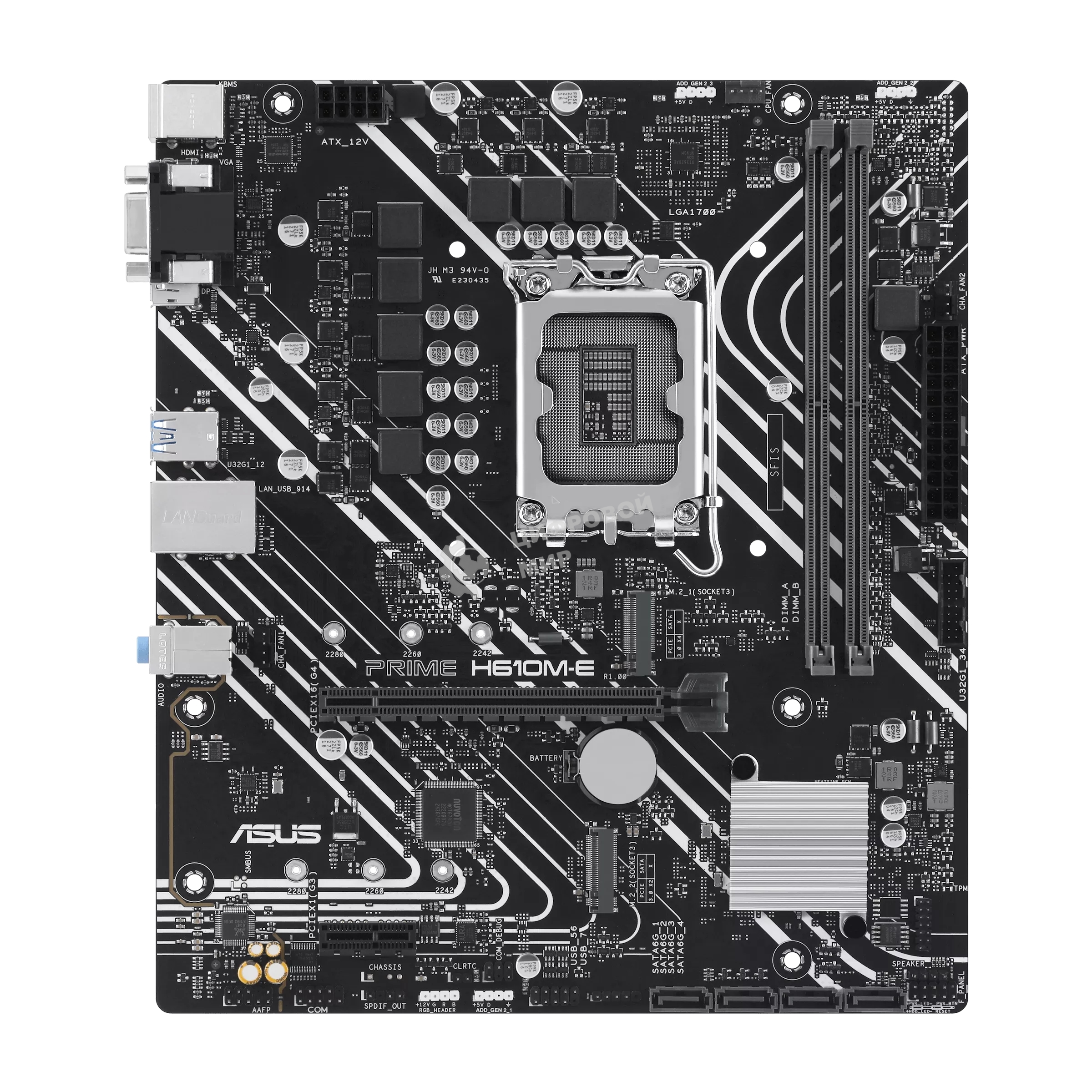 Материнская плата ASUS PRIME H610M-E-CSM, LGA 1700, Intel H610, 2xDDR5, 4xSATA, 2xM.2 PCIe 3.0 (x2, x4), 1xPCIe 4.0 x16, 1xPCIe x1, 1xHDMI, 1xDP, 1xVGA, 2xUSB-A 2.0, 2xUSB-A 3.2 Gen 1, 1x 1Gb LAN, 3x3.5 мм, 7.1, mATX
