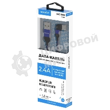 Кабель Maxvi MC-19M blue, USB-A - microUSB, 2.4A, LED ток макс. нагрузки 2.4А, макс. напряжение 5V; стандарт USB 2.0; длина кабеля 1.5м, нейлоновая оплетка, металлические корпуса разъемов, LED подсветка, цвет: синий