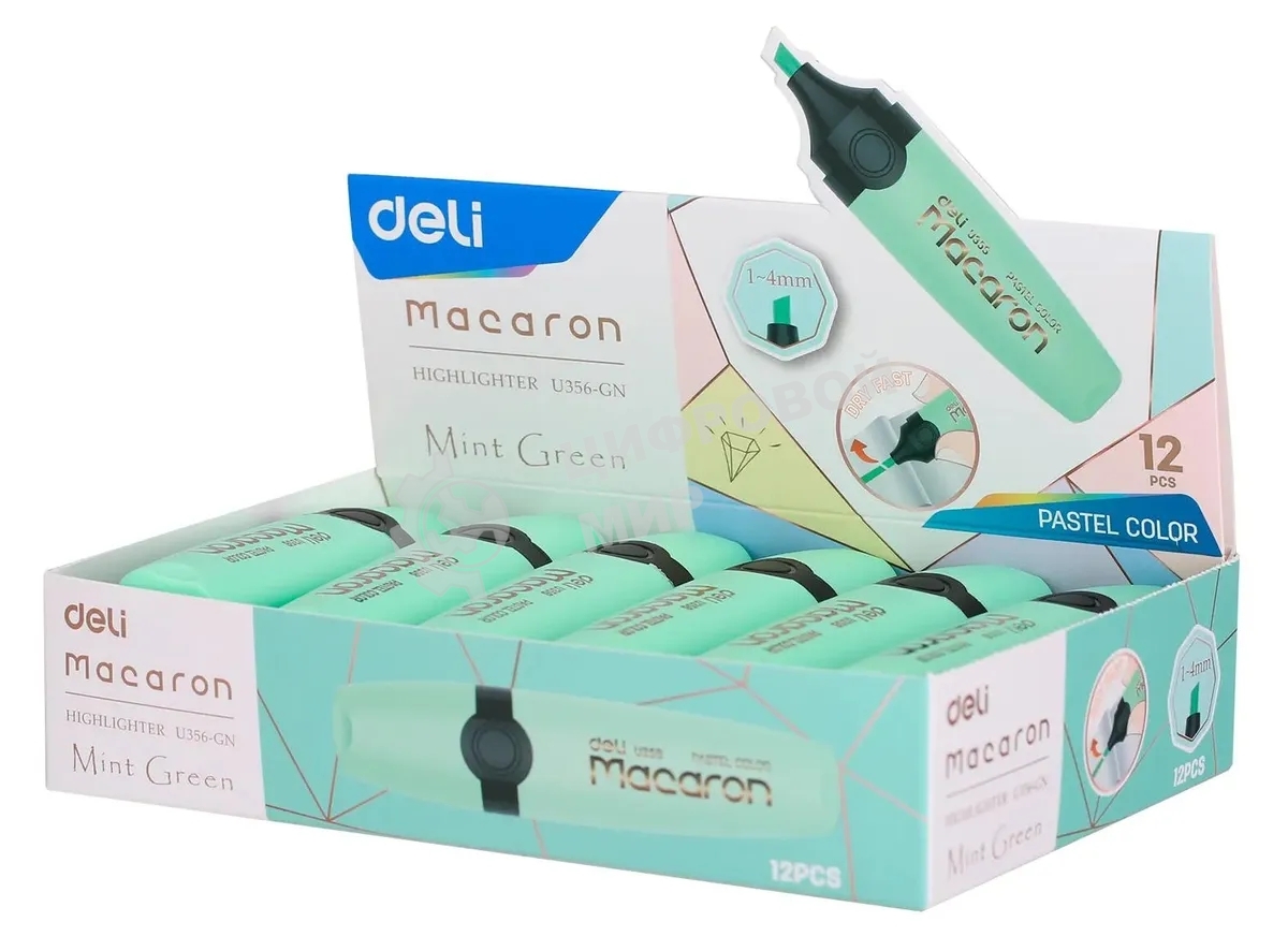 Текстовыделитель Deli EU356-GN Macaron, скошенный пишущий наконечник, 1-5мм, мятный