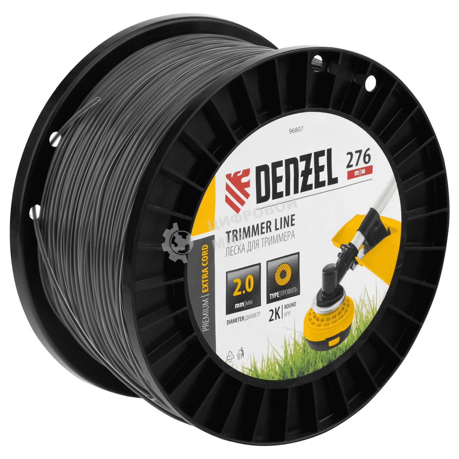 Леска для триммера Denzel двухкомпонентная круглая, 2,0мм х 276м, на DIN катушке EXTRA CORD