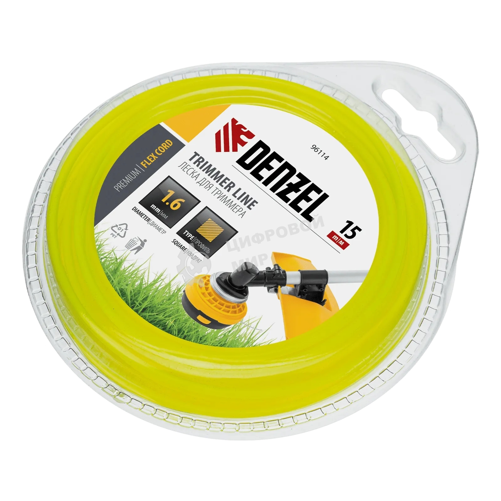 Леска для триммера Denzel квадрат 1,6 мм х 15 м, блистер FLEX CORD