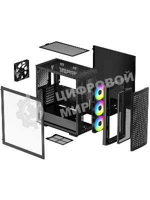 Компьютерный корпус Deepcool CK560 без БП, боковое окно (закаленное стекло), 3xARGB LED 120мм вентилятора спереди и 1x140мм вентилятор сзади, черный, ATX