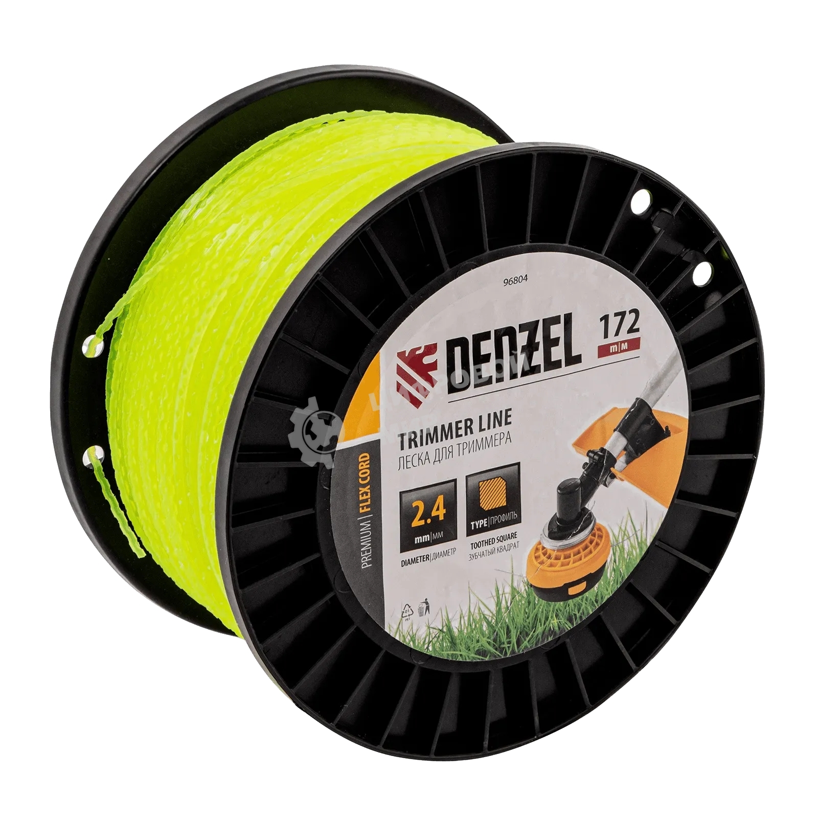 Леска для триммера Denzel зубчатый квадрат, 2,4мм х 172м, на DIN катушке FLEX CORD