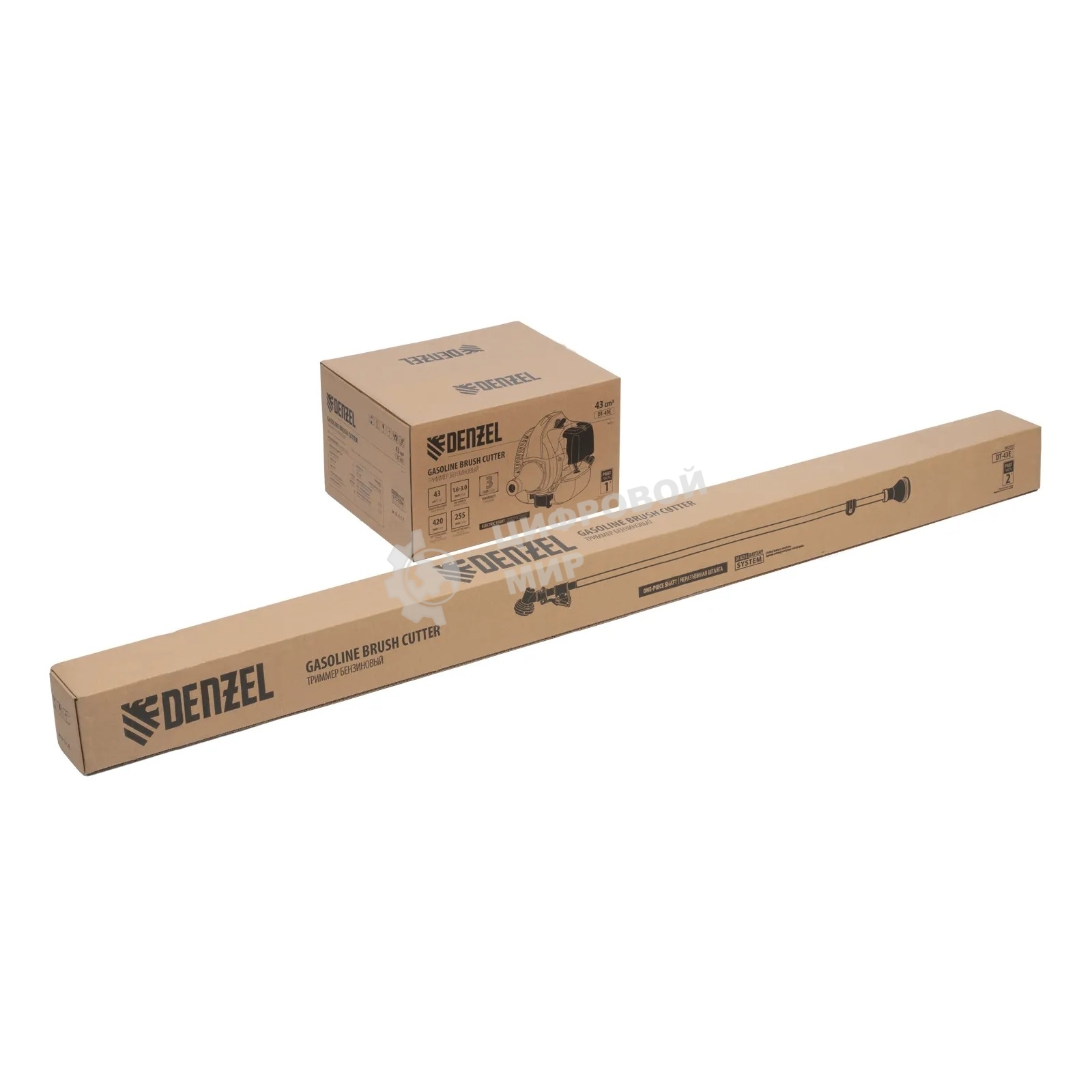 Триммер бензиновый Denzel DT-43E, 43 см3, неразъемная штанга, электростартер, состоит из 2 частей