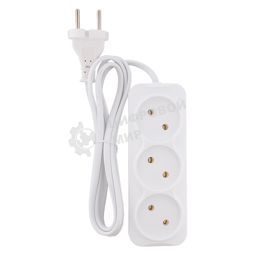 Удлинитель Smartbuy, 3 гнезда 1,5 метра 6А/1,35кВт без заземления ШВВП 2х0,75 (SBE-10-3-1,5-F)