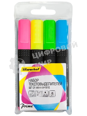 Набор текстовыделителей Silwerhof Prime+, скошенный пишущий наконечник, 1-4мм, 4 цвета, ассорти/голубой пакет с европодвесом (4шт.)