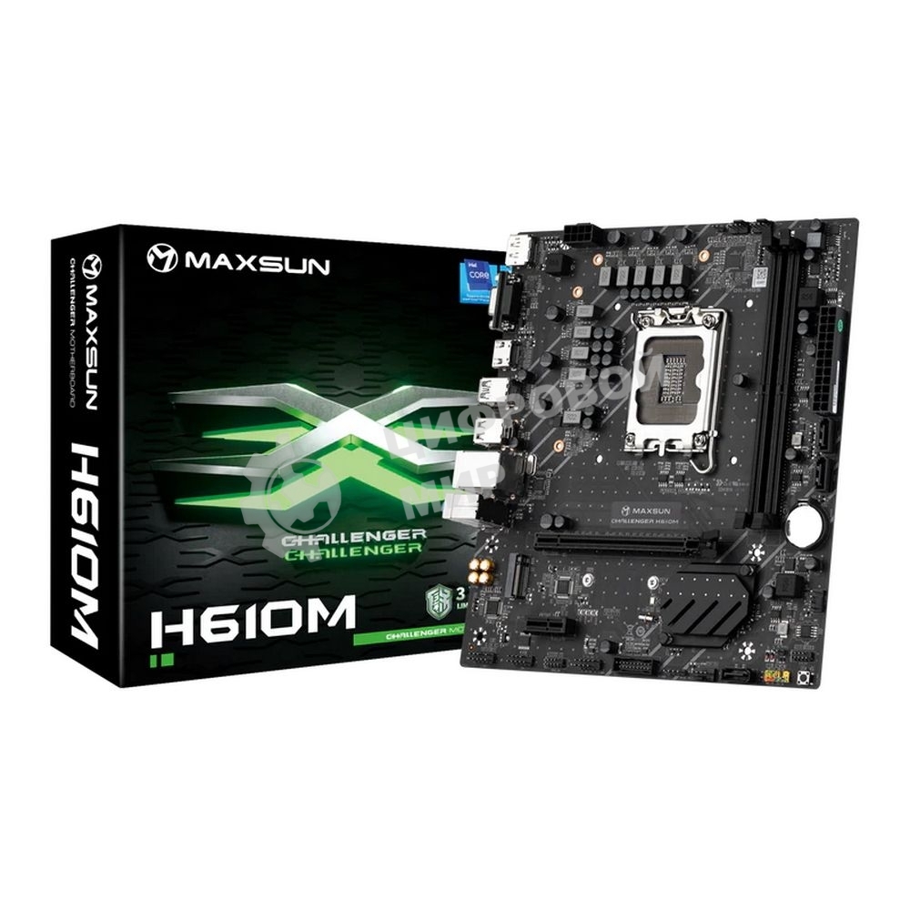 Материнская плата Maxsun Maxsun H610M, LGA 1700, Intel H610, 2xDDR4, 1xM.2, 3xSATA, 1xPCIe 4.0 x16, 1xPCIe x1, 1xHDMI, 1xDP, 1xVGA, 1x 1Gb LAN, 4xUSB 2.0, 2xUSB 3.2 Gen 1, 5.1, mATX