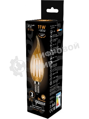 Лампа светодиодная филаментная Gauss Filament 11Вт цок.: E14 свеча 220B св. свеч. бел. теп. CF35 (упак.: 10 шт)