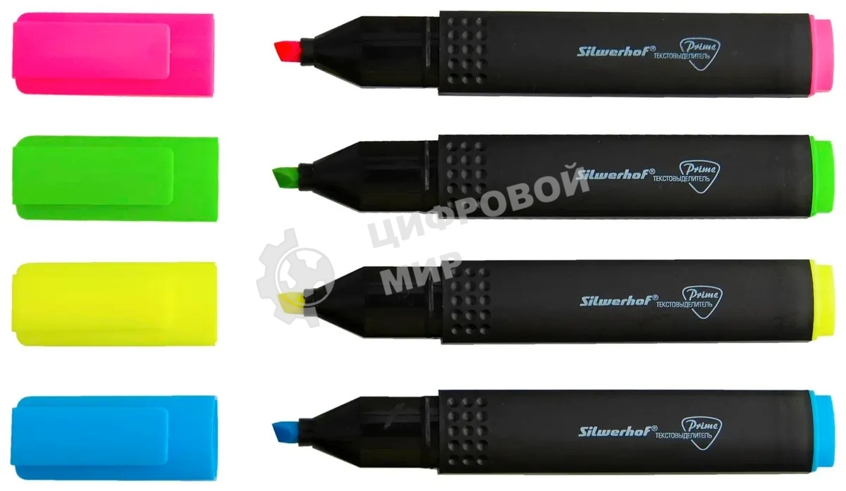 Набор текстовыделителей Silwerhof Prime+, скошенный пишущий наконечник, 1-4мм, 4 цвета, ассорти/голубой пакет с европодвесом (4шт.)