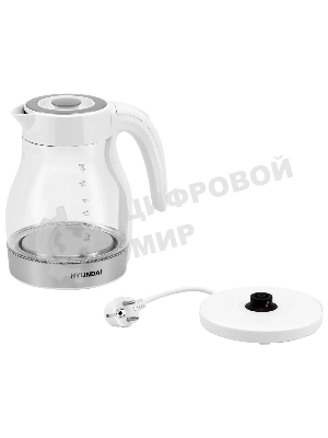 Чайник электрический Hyundai HYK-G3802 1.7 л, 2200 Вт, белый/серебристый (корпус: стекло)