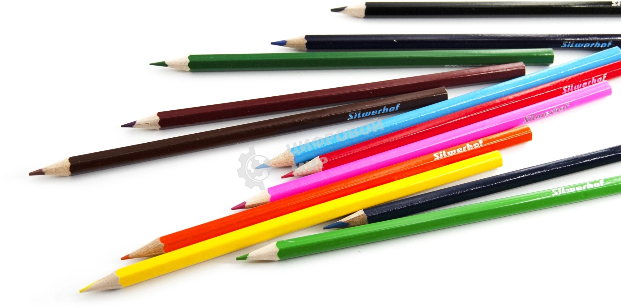 Карандаши цветные Silwerhof Eco 2.65 мм, шестигранный профиль, дерево, ассорти, 12 цветов, коробка с европодвесом