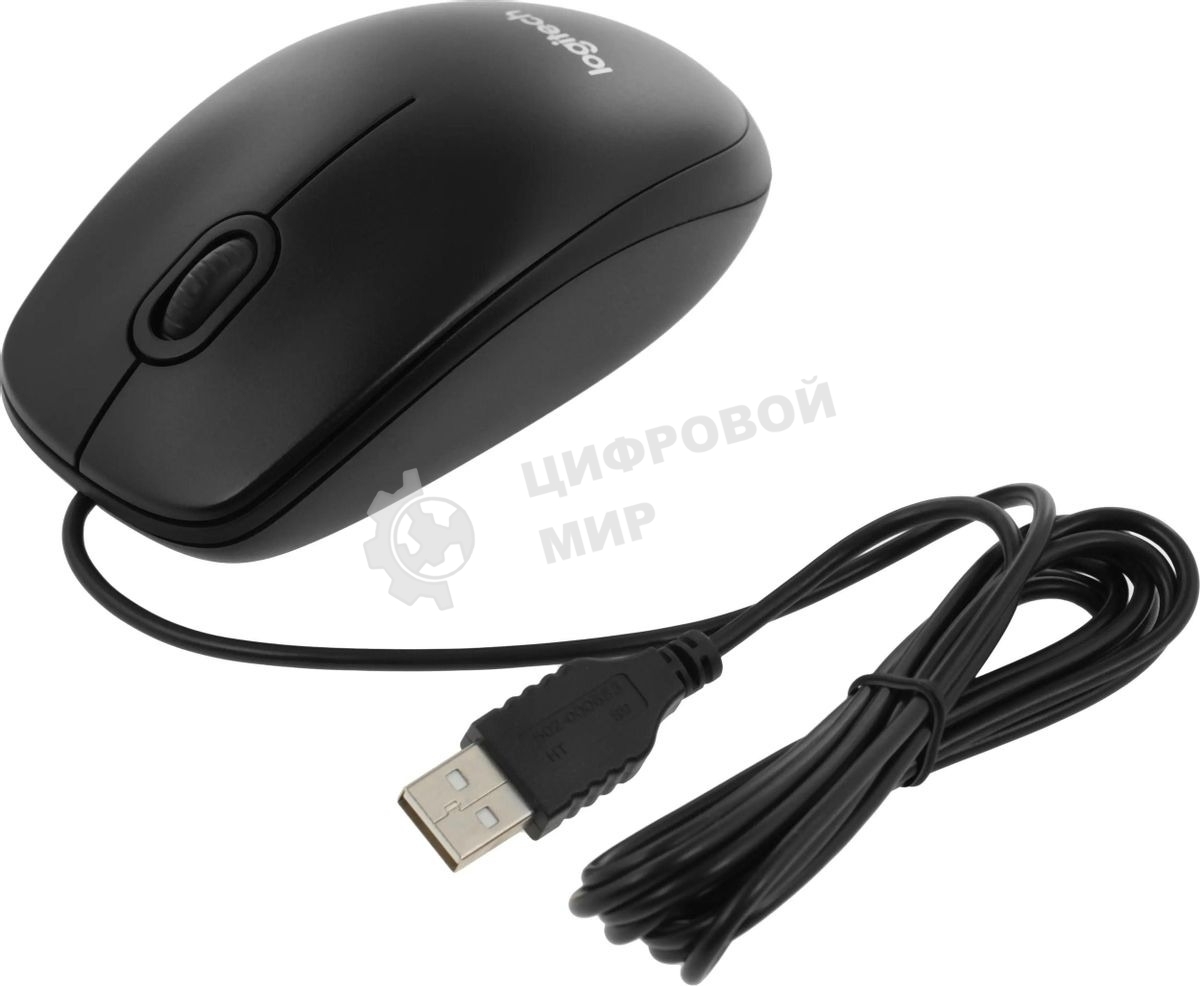 Мышь проводная Logitech B100 черный, 1000 dpi, USB, кнопки - 3