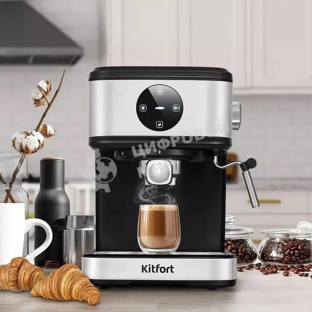 Кофеварка рожковая Kitfort КТ-7224 нержавеющая сталь/черный, исп. кофе - молотый, 1.5 л, 1100 Вт, 15 Бар.