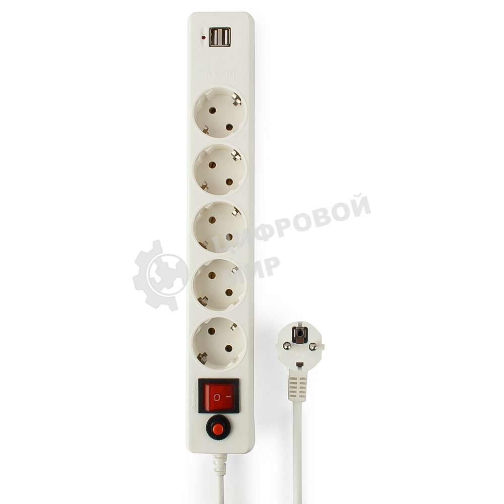 Сетевой фильтр Гарнизон 5 р, 10А, 2xUSB, 1.8 м, ур.защиты 4, белый, пакет