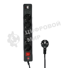 Сетевой фильтр Гарнизон 5 р, 10А, 2xUSB, 1.8 м, ур.защиты 4, черный, пакет