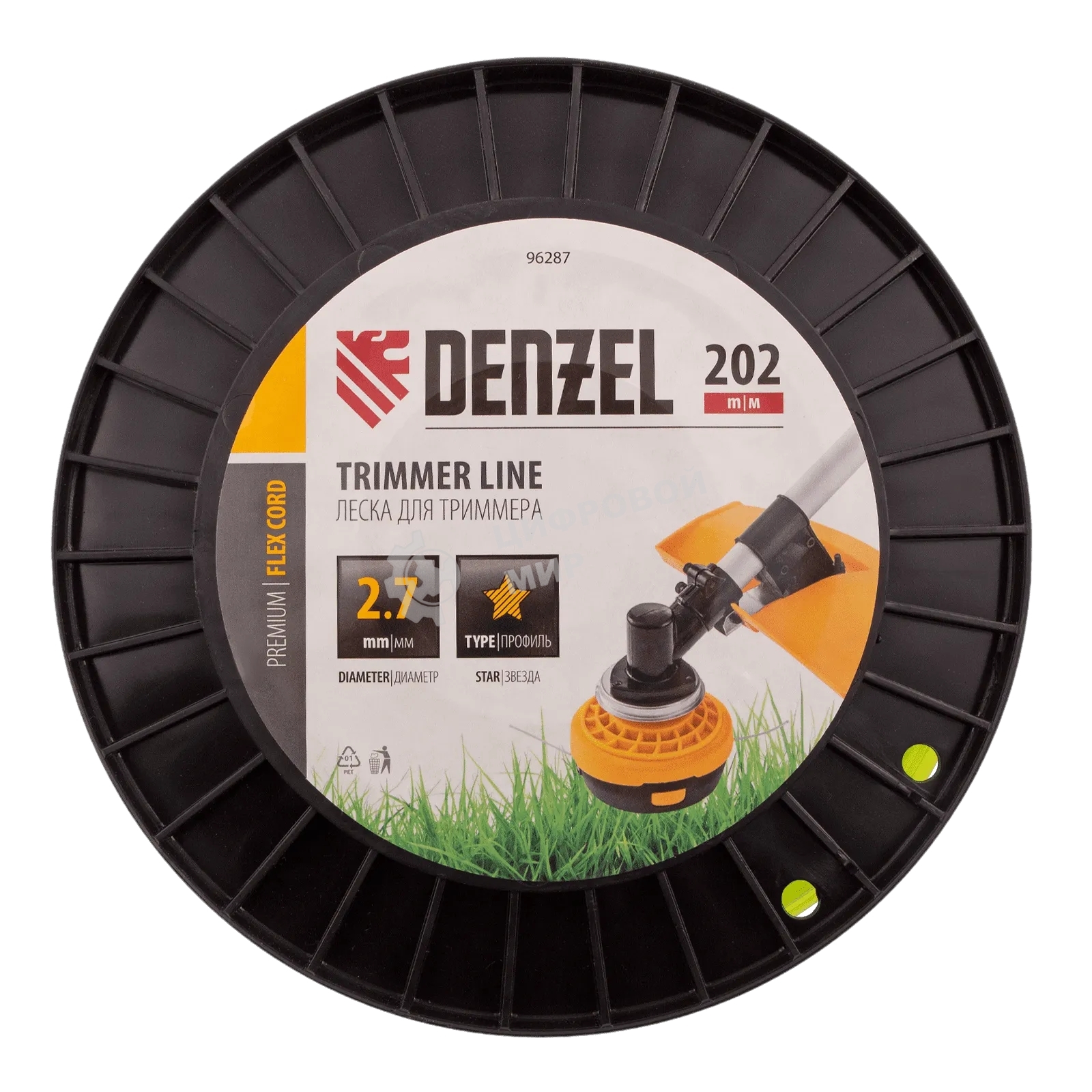 Леска для триммера Denzel звезда, 2,7мм х 202м, на DIN катушке FLEX CORD