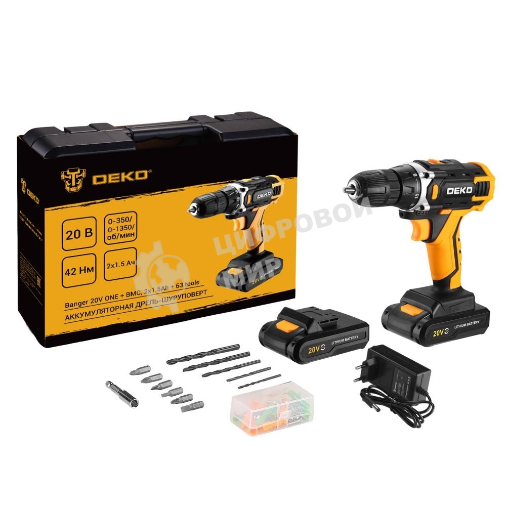 Дрель-шуруповерт Deko Banger 20V ONE, 20 В, 1,5 Ач, 18 Нм, щеточный