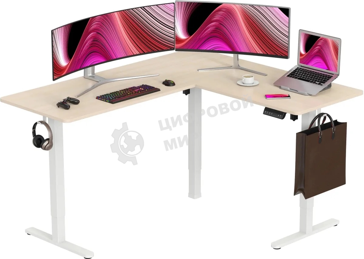 Стол компьютерный Cactus угловой подъемный столешница МДФ, белый дуб каркас белый 140x72x60 см (CS-EDXL-WWD)