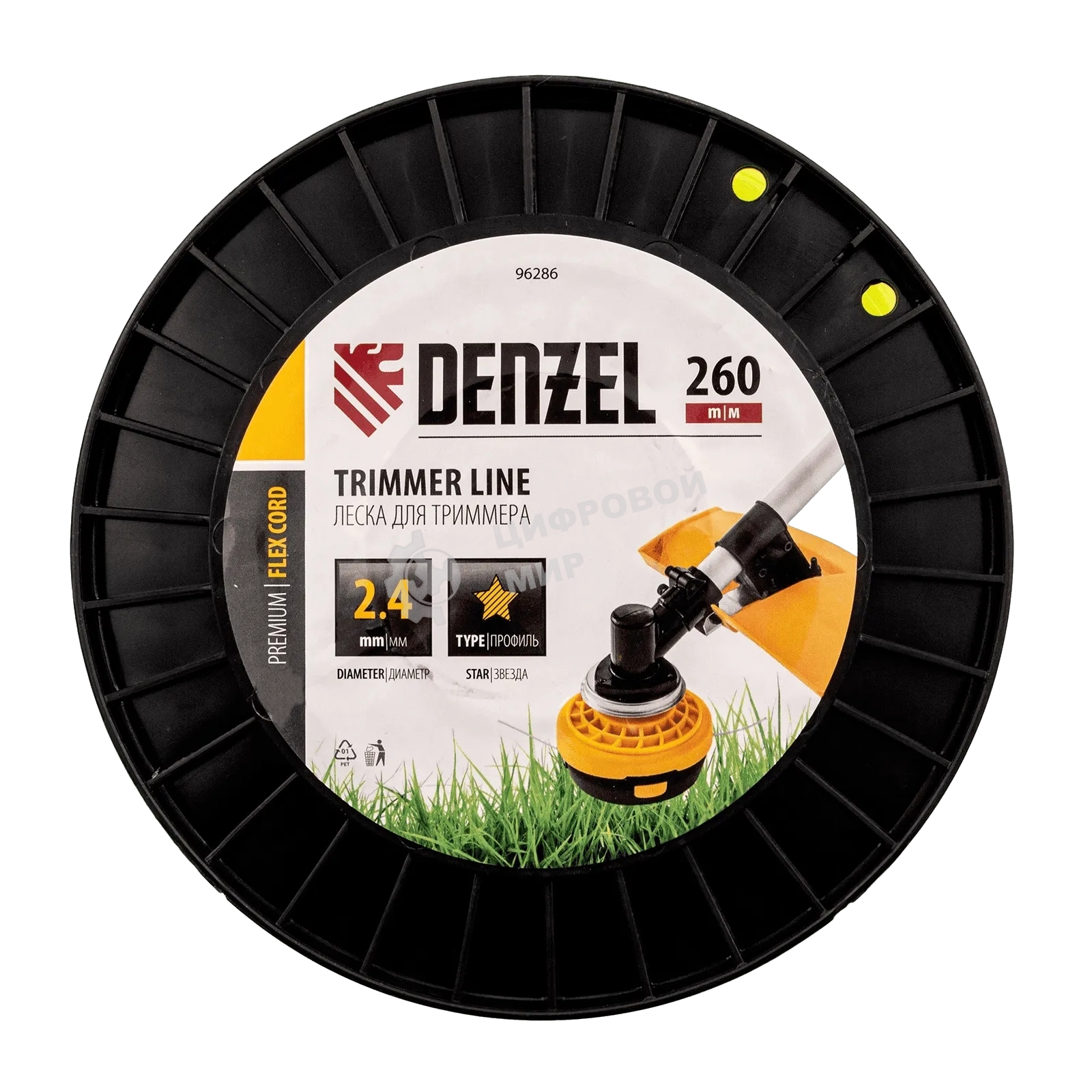 Леска для триммера Denzel звезда, 2,4мм х 260м, на DIN катушке FLEX CORD