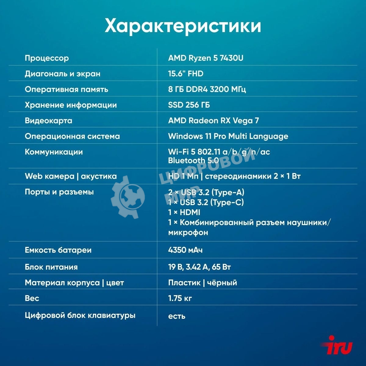 Ноутбук IRU Tactio 15PHC Ryzen 5 7430U 8Gb SSD 256Gb AMD Radeon Rx Vega 7 15.6