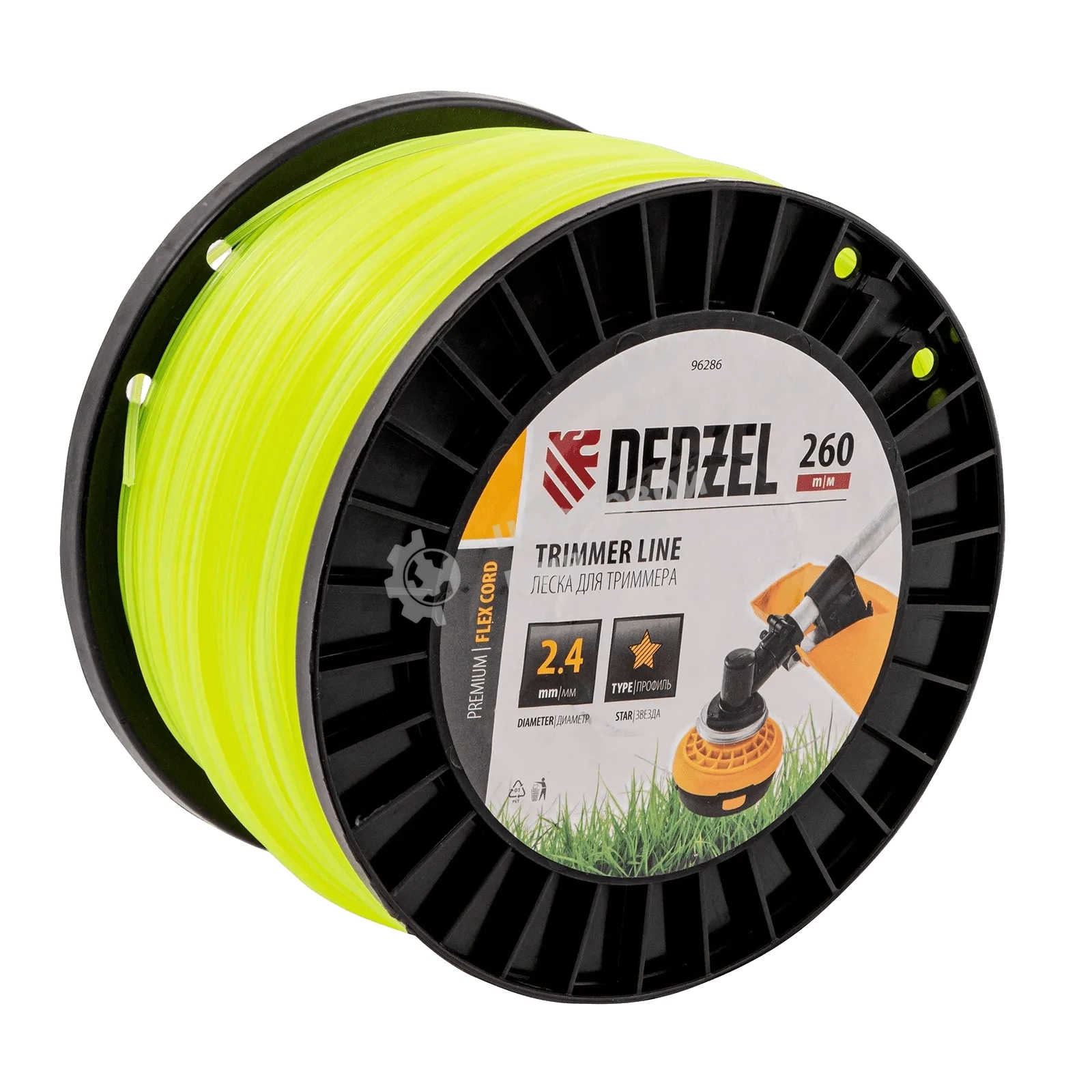 Леска для триммера Denzel звезда, 2,4мм х 260м, на DIN катушке FLEX CORD