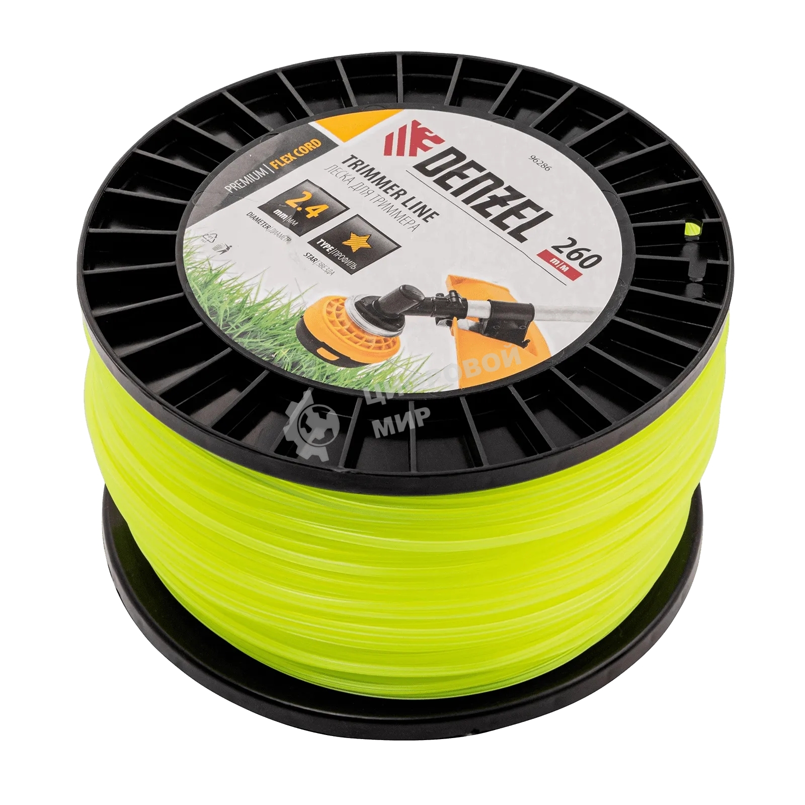 Леска для триммера Denzel звезда, 2,4мм х 260м, на DIN катушке FLEX CORD