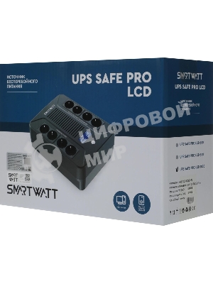Источник бесперебойного питания SMARTWATT UPS SAFE PRO LCD 1000 черный 1000/600 ВА/Вт, напольный/настенный, линейно-интерактивный, LCD дисплей, Shuko CEE7/4 - 8 шт. (4 шт. с резервным питанием, 4 шт. - сетевой фильтр)