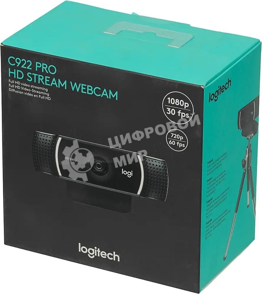 Веб-камера Logitech C922 Pro Stream 1920x1080, 30 кадр/с, USB Type-A, микрофон (2 шт, шумоподавление), автоматическая фокусировка, автоосвещение, универсальное крепление