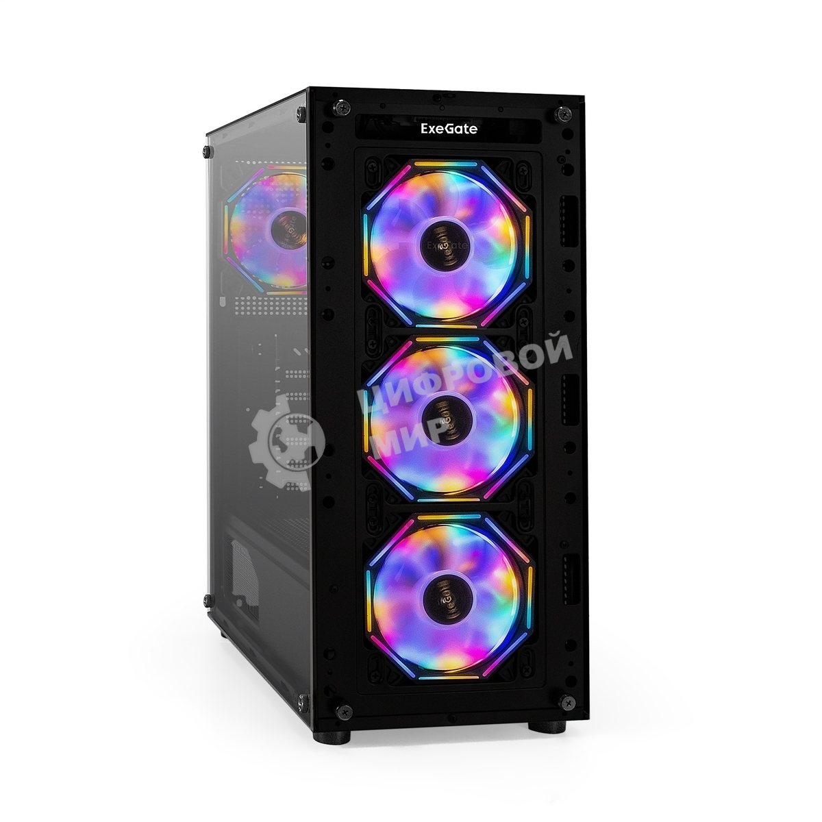 Компьютерный корпус Miditower ExeGate i3 BASE (ATX, без БП, с окном, 1*USB+1*USB 3.0, аудио, 4 вент. 12см с RGb подсветкой)
