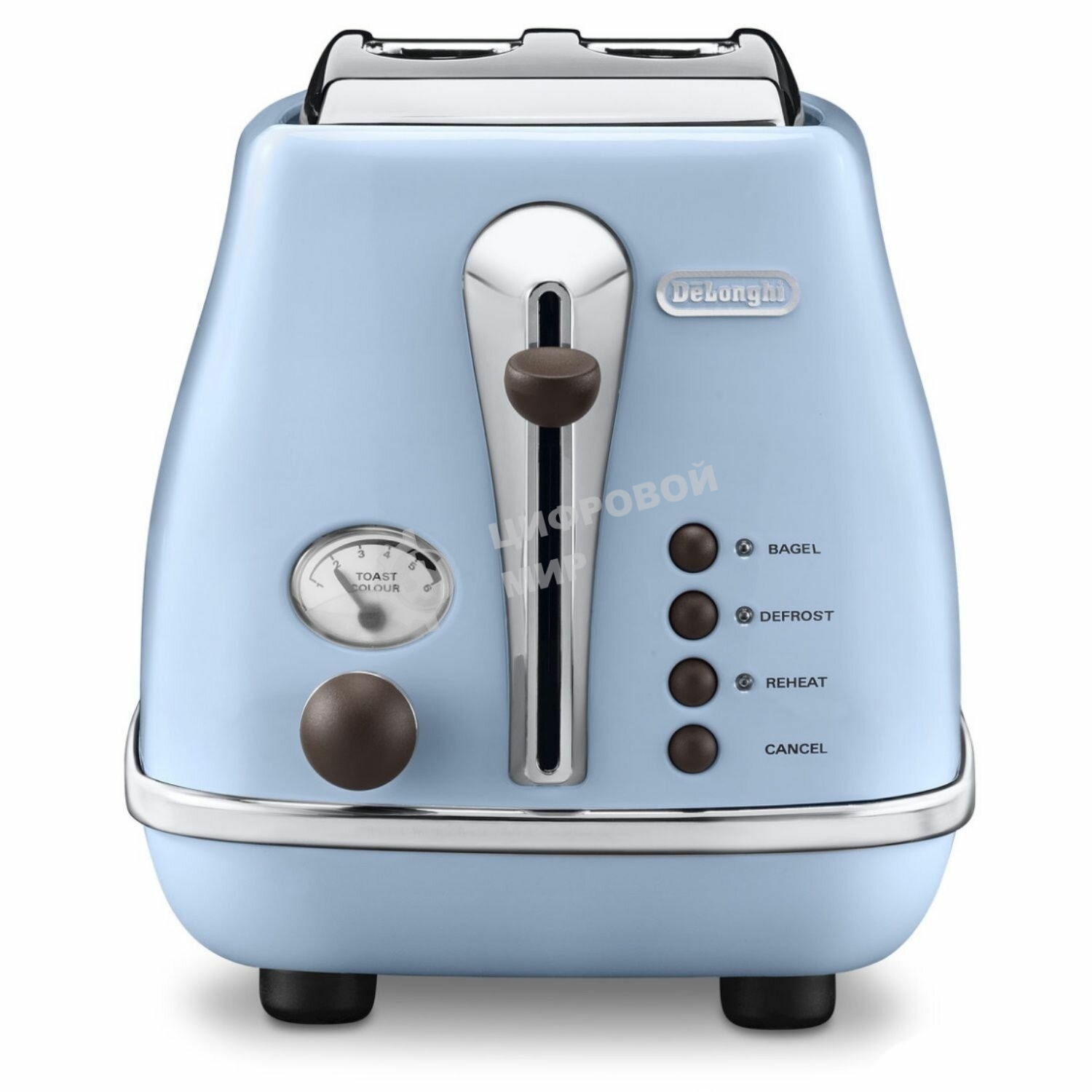 Тостер DeLonghi CTOV 2103.AZ, 900 Вт, на 2 тоста, разморозка, обжаривание, решетка для подогрева, поддон, голубой