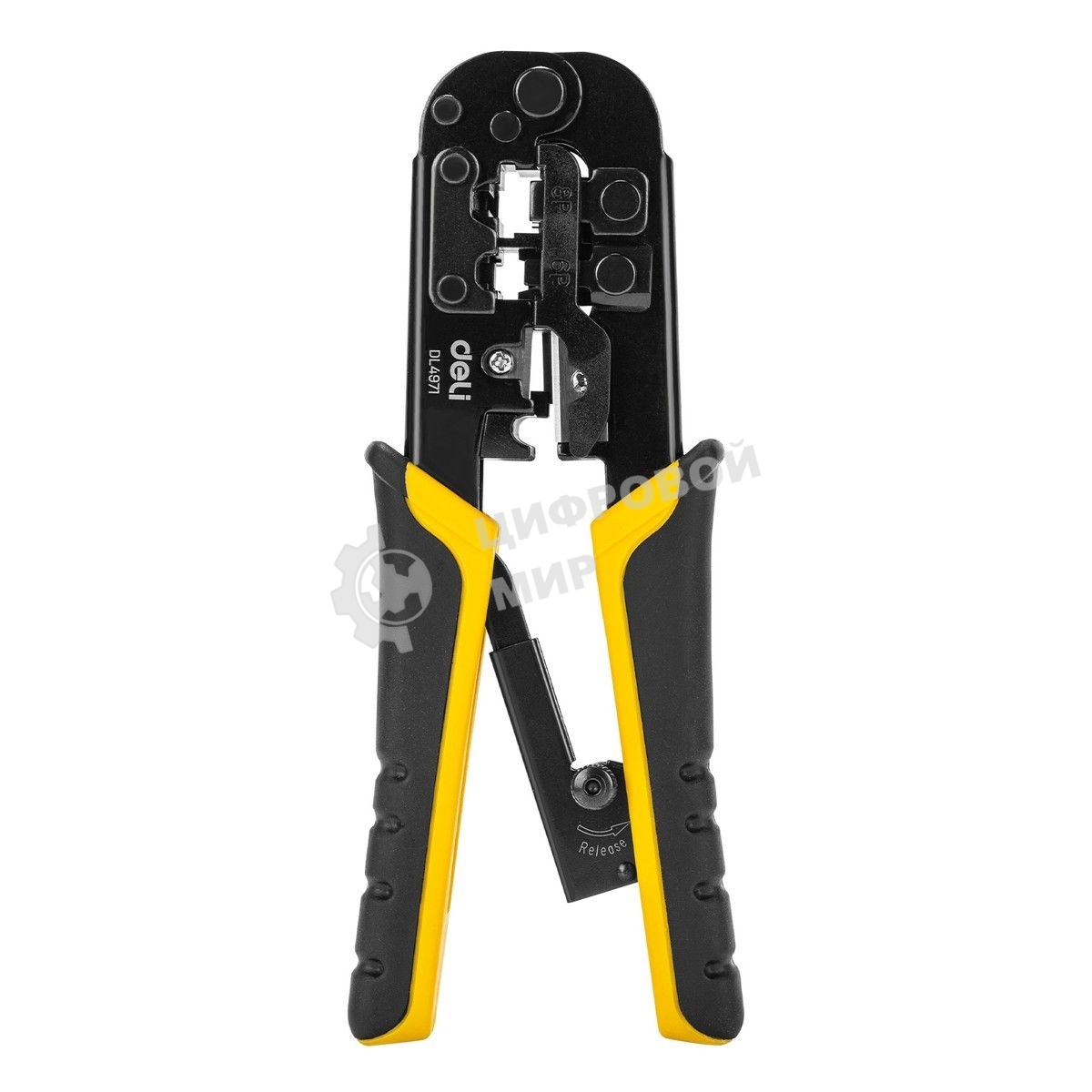 Обжимные клещи Deli DL4971 4P,6P,8P Размер: 200 мм. Спецификация обжима: 4P, 6P, 8P. Сталь A3 с черным покрытием. Ручка из ПВХ и ТПР. Храповой механизм. Подходит для витой пары UTP/STP и телефонных кабелей.