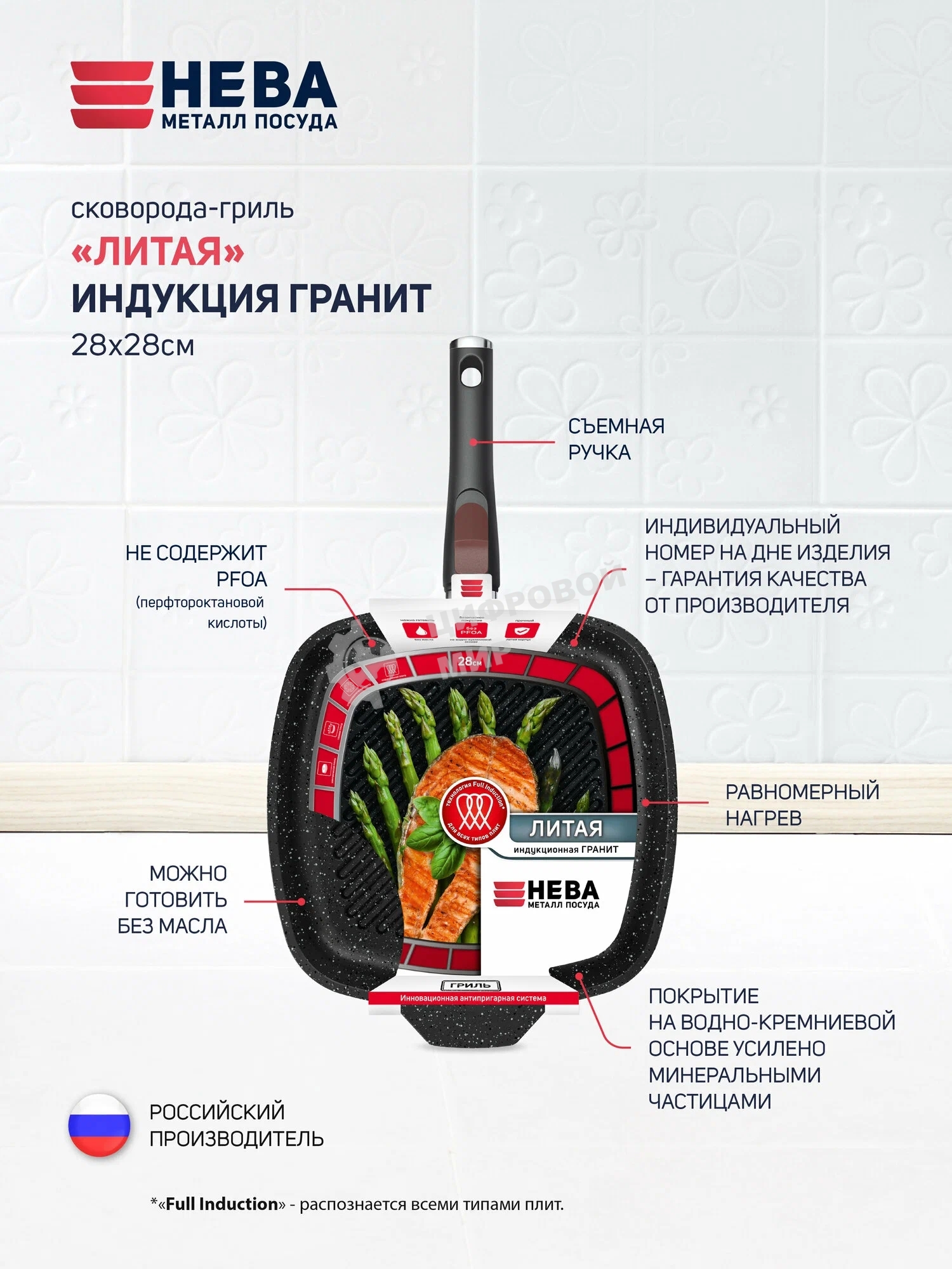 Сковорода-гриль квадратная 28 литая Индукция Гранит с/р