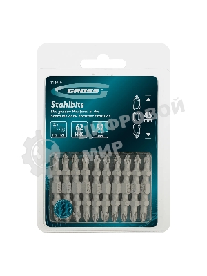 Бита двухстор. Gross PZ2-PZ1х45 мм, сталь S2, 10 шт.
