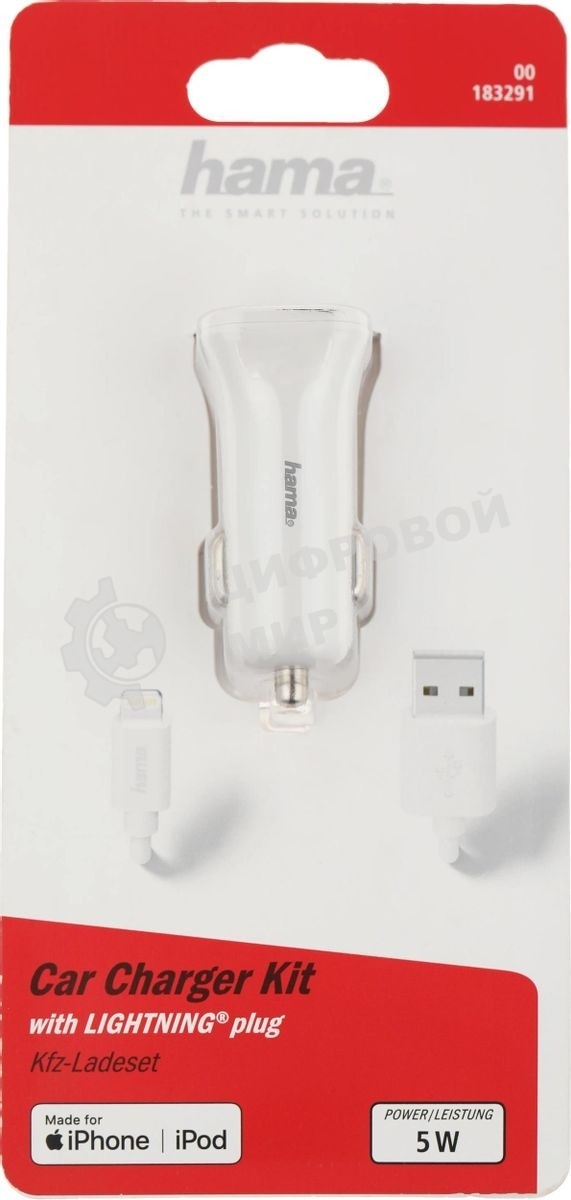 Автомобильное зарядное устройство Hama H-183291 1A кабель Apple Lightning белый