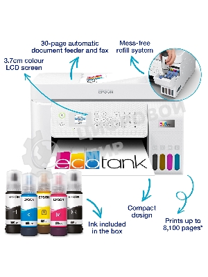 МФУ струйное Epson EcoTank L5296 (C11CJ65411) белый, A4, ч/б печ. 33стр/мин., цв. печ. 15стр/мин., 5760x1440 DPI, 2400х1200 DPI, USB, Ethernet, Wi-Fi