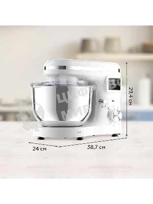 Планетарный миксер BQ MX640 White. Максимальная мощность 1600 Вт/Чаша из нержавеющей стали 6 л/Функция ферментации/Подогрев чаши до 40'C/Электронное управление/Металлические насадки в комплекте/Металлические шестерни/Двойная защита: от перегрева, от перегрузки/Защтная крышка от брызг/LED подсветка/Длина сетевого шнура 1 м