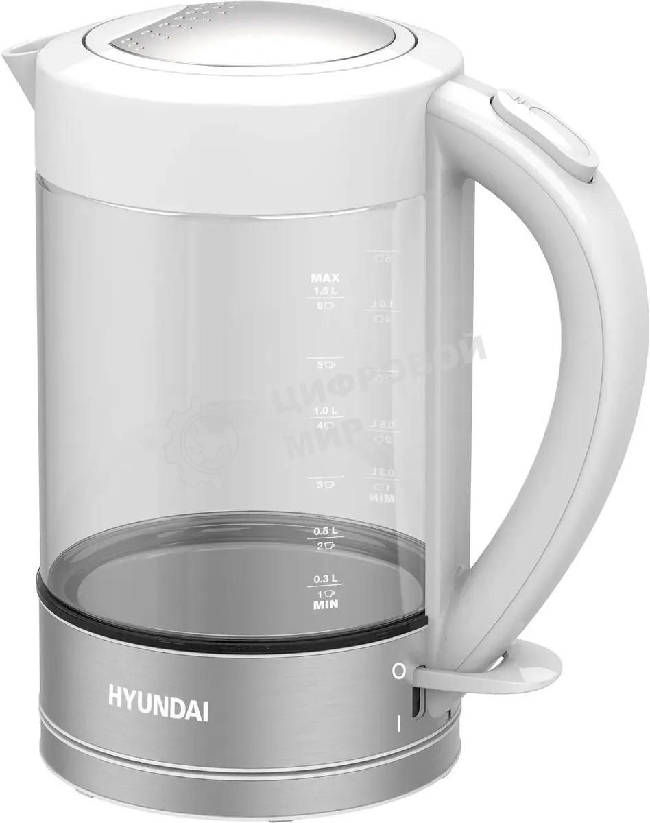 Чайник электрический Hyundai HYK-G9990 1.6 л, 2000 Вт, белый/серебристый корпус: стекло