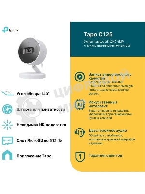 Камера видеонаблюдения умная с искусственным интеллектом TP-Link Tapo C125, 2K QHD (2560 × 1440), Wi-Fi (2,4 ГГц)